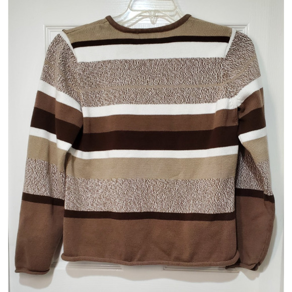 Crazy Horse by Liz Claiborne Women’s Petite MD Sweater Brown Beige Striped V-Nec - Picture 2 of 11